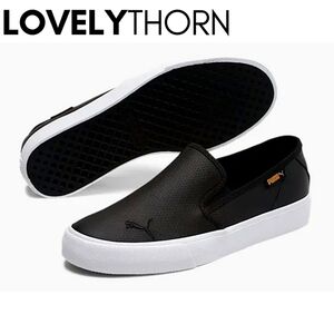 PUMA // bari cat black genuine perforated leather slip on shoes